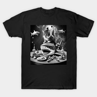 cat riding shark in space T-Shirt